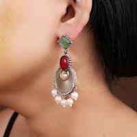 Expédition rapide Boucles d'oreilles classiques pour femme en laiton argenté oxydé, forme cloche, zircon, bicolores, plaqué argent antique, avec serti