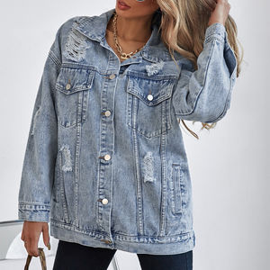 <b>Women</b> <b>Light</b> <b>Blue</b> Distressed Denim Jacket Oversized <b>Ripped</b> <b>Jean</b> Coat Frayed Hem Loose Outerwear Streetwear Casual Denim Jacket - Product Image 3