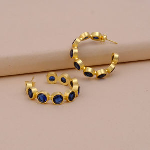 Iolite Hydro <b>Quartz</b> Gemstone Round Shape Designer Hoop Stud <b>Earring</b> Gemstone Trendy Collet Gold Plated Birthstone Stud <b>Earrings</b> - Product Image 4