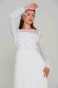 Robe de soirée de luxe exquise, coupe trapèze, à manches longues, élégante, col rond, avec cape perlée, en dentelle et tissu mousseline, pour adultes - Product Image 5