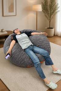 Gray Plush <b>Bean</b> <b>Bag</b> <b>Chair</b> Round Lounge Seat Floor Sofa for Bedroom Living Room Reading Relaxing - Product Image 3