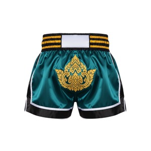 Pantalones Cortos de Boxeo Muay Thai MMA de Satén Verde Azulado de Lujo, Bordados con Cabeza de León Dorada, Logotipo Personalizado, Elásticos, para Entrenamiento - Product Image 2