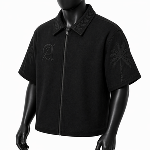 Camisa de hombre vintage personalizada con cuello con cremallera, de manga corta, corte holgado y estilo urbano, con cuello bordado y diseño de palma, OEM - Product Image 3