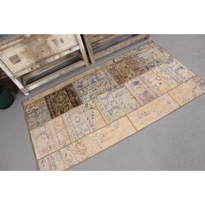 Turkish Vintage Rug, Accent 3x5.4 ft (90x165 cm) Rug, <b>Brown</b> Check <b>Wool</b> Rug - Product Image 3