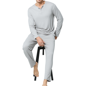 Pyjama en coton pour homme, taille plus, tricot doux, vêtements de détente, pyjama en bambou, col boutonné, respirant, ensemble de pyjama - Product Image 3