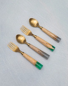 Ensemble de couverts en bois naturel avec finition dorée pour une salle à manger élégante, des repas en famille et un style de table, fabriqué à la main en Inde - Product Image 2