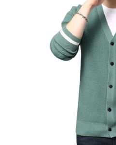 Mint Green White Striped Sleeve V Neck Knitted Cardigan Sweater With Button Closure Soft Cotton Touch <b>Fabric</b> Casual Style - Product Image 2