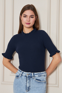 Blusa de punto acanalado de manga corta con volantes para mujer, Camiseta cómoda y elegante, transpirable, servicio OEM de alta calidad - Product Image 6