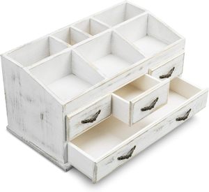 Support de rangement pour bijoux/cosmétiques en bois massif blanchi à 7 compartiments avec 4 tiroirs de rangement vintage - Product Image 6