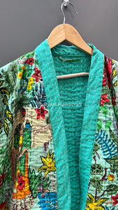 Frida Khalo Inspired Vintage Indian Kantha Jacket Long Quilted Cotton Robe Dressing Gown XL Size for Winter - Product Image 2