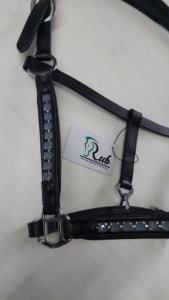 Wholesale <b>Best</b> Quality Custom Leather Halters Black with Aqua Gray Pantone Brass <b>Fittings</b> Adjustable Horse Halter - Product Image 5