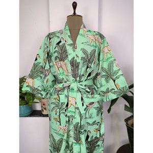 Pure Cotton Summer Dress Indian Handprinted Boho House <b>Robe</b> Pistachio Mint Green Luxury Cheetah Animal Print for <b>Beach</b> Holidays - Product Image 4