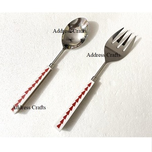 Ensemble de serveurs à salade en acier inoxydable de haute qualité avec poignée en pierre argenterie outils à salade couverts en or outils de cuisine cuillère de service - Product Image 6