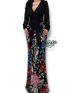 Elegante Vestido Largo con Escote en V, Silueta Recta, Cintura Imperio, Bordado con Lentejuelas Color Durazno, Paneles con Cristales y Diamantes - Product Image 4