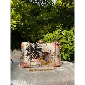 Elegant Beaded Flower Embroidery Satin <b>Clutch</b> with <b>Gold</b> Chain 7 Inch Small Capacity Snap Closure for Evening Use - Product Image 1