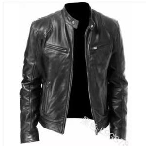 2025 mode hommes veste en cuir coupe ajustée col montant PU veste mâle Anti-vent moto revers diagonale fermeture éclair vestes hommes - Product Image 3