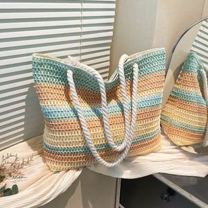 Crochet New Women's Shoulder <b>Bag</b> Rainbow Stripes Color Contrast Large Capacity <b>Straw</b> Beach Vacation Summer Daily Use - Product Image 1