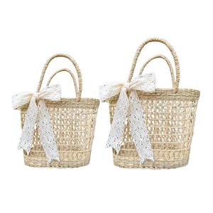 Bolsas de paja natural de Vietnam, bolso de mano de hierba marina con lazo tejido a mano y cestas de regalo de San Valentín personalizadas - Product Image 1