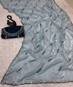 ÚLTIMO AZUL PURO AURA ALGODÓN SEDA TEJER TRABAJO SAREE CON BLUSA SIN COSTAR ROPA FORMAL PRECIO AL POR MAYOR PRECIO ROPA ÉTNICA - Product Image 5