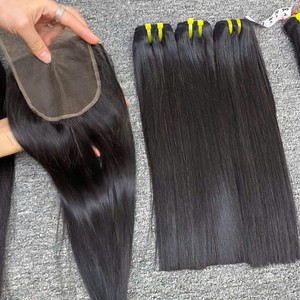 Vente en gros de cheveux vierges Remy 4*4 couleur 1b, double trame, fermeture en dentelle frontale, vague naturelle, lisse et transparente, usine du Vietnam - Product Image 1