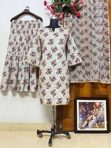 Women Printed Straight <b>Kurta</b> With Sharara Wear Muslin Cotton Floral Printed and Lace Border Top and Sharara With Dupattas - Product Image 4