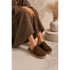 Brown Knitted <b>Slippers</b> with Buckle Detail Closed Toe Breathable Feature - Product Image 2