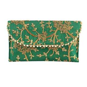 Monedero de Mano de Seda Verde con Bordado de Alta Calidad para Mujer, Cierre de Botón, Elegante Clip para Billetes, 8 Ranuras para Tarjetas, Algodón Orgánico - Product Image 1