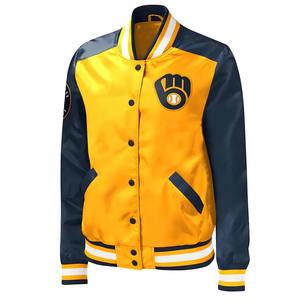 Veste Letterman en satin brillant Veste universitaire rétro unisexe avec col et poignets côtelés (commande en gros) - Product Image 1