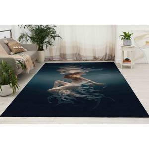 Tapis rond fait main imprimé sur mesure pour femme dansant dans l'eau, style moderne et surréaliste, idéal pour couloir ou bureau, avec poils doux - Product Image 2