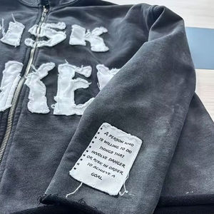 Venta al por mayor personalizado desgastado bordado sudaderas con capucha hombres Raw Hem apliques desgastado parche bordado sudaderas con capucha de los hombres - Product Image 6