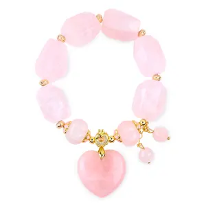 2024 New Arrival Spiritual Natural 14MM Multifacted Pink Rose Quartz With Dangle Heart Charm Bracelet For Gift
