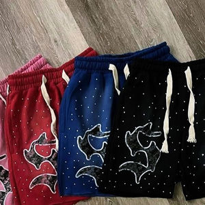 Short avec strass lavage à l'acide et broderie en détresse imprimé personnalisé été strass appliques Streetwear Shorts hommes - Product Image 4