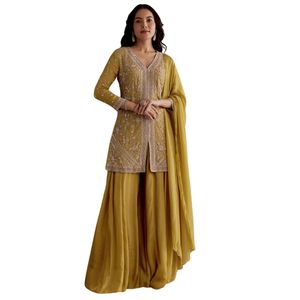 Vestito Palazzo Kurta ricamato Chinon giallo con abito festivo alla moda Dupatta per matrimoni e feste - Product Image 1