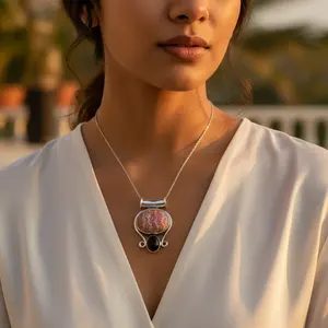 จี้เงินแท้ 925 ทำมือ ประดับโรโดไนต์และโอนิกซ์ พร้อมเครื่องประดับพลอยเทอร์ควอยซ์และโอปอล สไตล์ศาสนา สำหรับผู้หญิง - Product Image 2