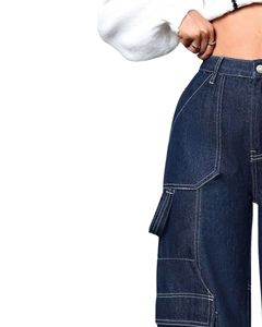 Jeans cargo à jambes larges en indigo foncé pour femmes, pantalon en denim taille haute, surpiqûres contrastées, poches utilitaires, streetwear, fournisseur OEM - Product Image 3