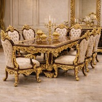 Ensemble de table à manger en teck doré de style néoclassique royal européen pliable avec 6 chaises, 7 pièces, meubles pour la maison