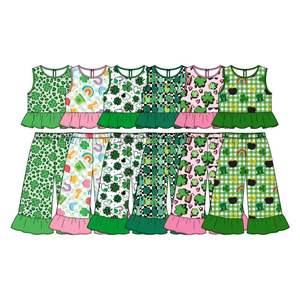 Pyjama pour enfants OEM/ODM pour la Saint-Patrick, ensemble vert avec imprimé trèfle et fer à cheval, haut à manches longues et pantalon pour filles, vêtements de boutique pour filles - Product Image 2