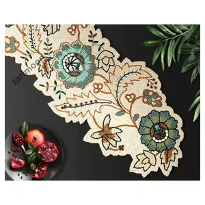 Camino de mesa Rectangular con cuentas bordadas florales azuladas superventas 2025, decoración rústica moderna para fiesta de boda con detalles en rojo - Product Image 1