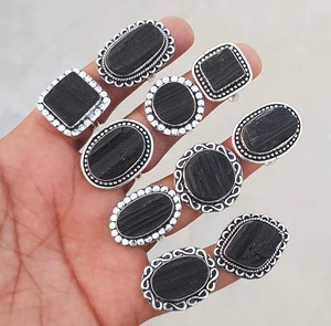 สินค้ามาใหม่925สีเงินสเตอริงชุบเงินรูปวงรีสีดำทัวร์มาลีนตั้งฝาครอบบาโฮแฮนด์เมดขายส่งจำนวนมาก - Product Image 3