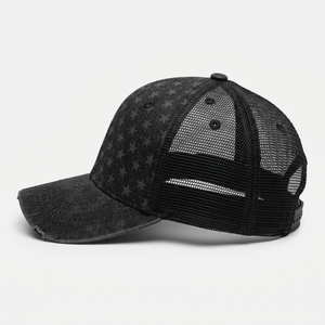 Black Vintage Trucker Cap with <b>Star</b> Pattern Mesh <b>Fabric</b> Adjustable Unisex Casual Hat 6-Panel Design Washed Denim Finish Common - Product Image 2