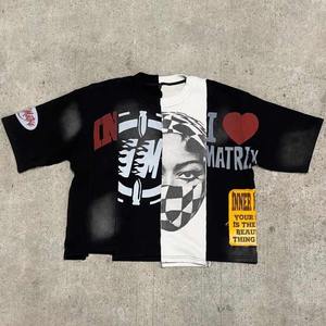 Camiseta personalizada de algodón 240GSM para hombre, camiseta con panel desigual dividido, camiseta recortada cuadrada con lavado ácido Vintage, pantalones cortos sueltos con estampado de manga - Product Image 1