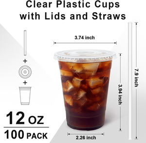 12oz PET/PLA Disposable <b>Cups</b> <b>Lids</b> <b>Straws</b> Leak Proof BPA Free Durable Eco-Friendly for Parties Events Cold Beverages Coffee <b>Cups</b> - Product Image 4
