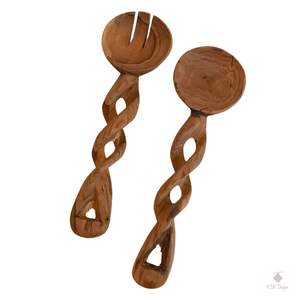Servidores de Ensalada Artesanales de Madera de Olivo |   Diseño Espiral Rústico |   Venta al por Mayor de Fábrica - Product Image 1