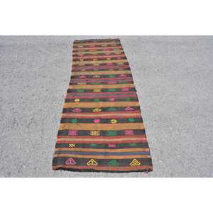 2.8x8 ft Vintage Turkish Rug, Runner Rug, Kilim <b>Brown</b> <b>Wool</b> Rug - Product Image 1