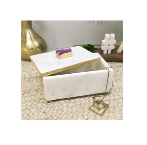 Boîte à bijoux de luxe en marbre organisateur de cadeaux pour femmes logo personnalisé rangement de bijoux couvercle en marbre et poignée en laiton - Product Image 5