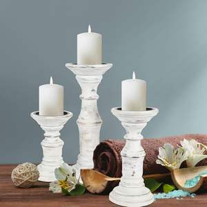 Portavelas de Madera Hechos a Mano |   Juego de Portavelas de Pilar Vintage |   Decoración Rústica para el Hogar - Product Image 1