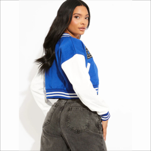 OEM Women's Cropped Varsity Baseball Jacket Premium Quality Original Leather Sleeves Y2K Street Style Bomber Printed <b>Fabric</b> - Product Image 3