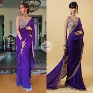 Bollywood diseñador Saree colección pesado suave Georgette hermosa doble lentejuelas bordado trabajo borde Sari para exportación - Product Image 1