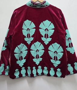 Traditional Bohemian Artisanal Winter Jacket Handcrafted Maroon <b>Velvet</b> Intricate Turquoise Embroidery Floral Pattern Lining Wool - Product Image 2