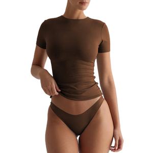 T-shirts sexy à col en U et manches courtes pour femmes, en soie/coton, couleur unie, coupe ajustée, style américain, hauts courts d'automne, sous-vêtement tendance - Product Image 5